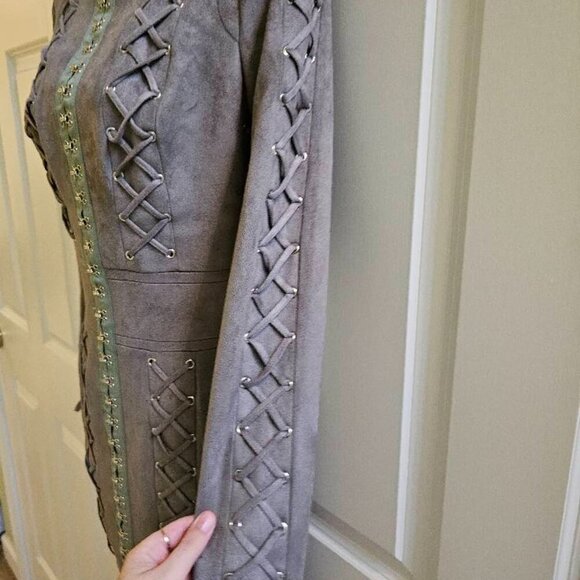 House of CB London Gray Suede Mini Tomasaa Lace-Up Dress Size Small - Picture 8 of 14